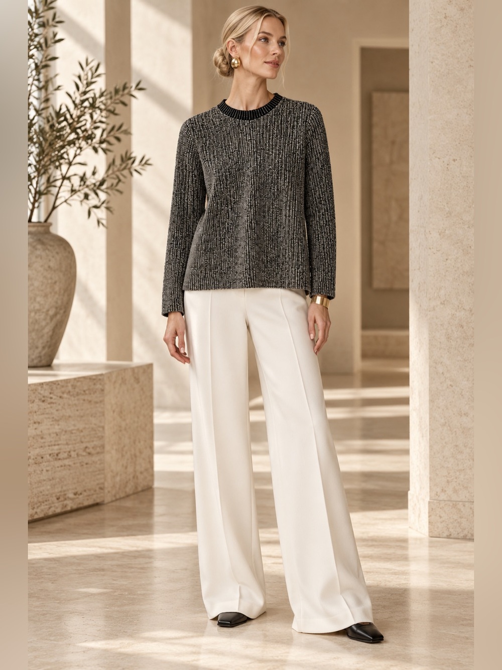 Tory Burch Black and White Marled Crewneck Sweater